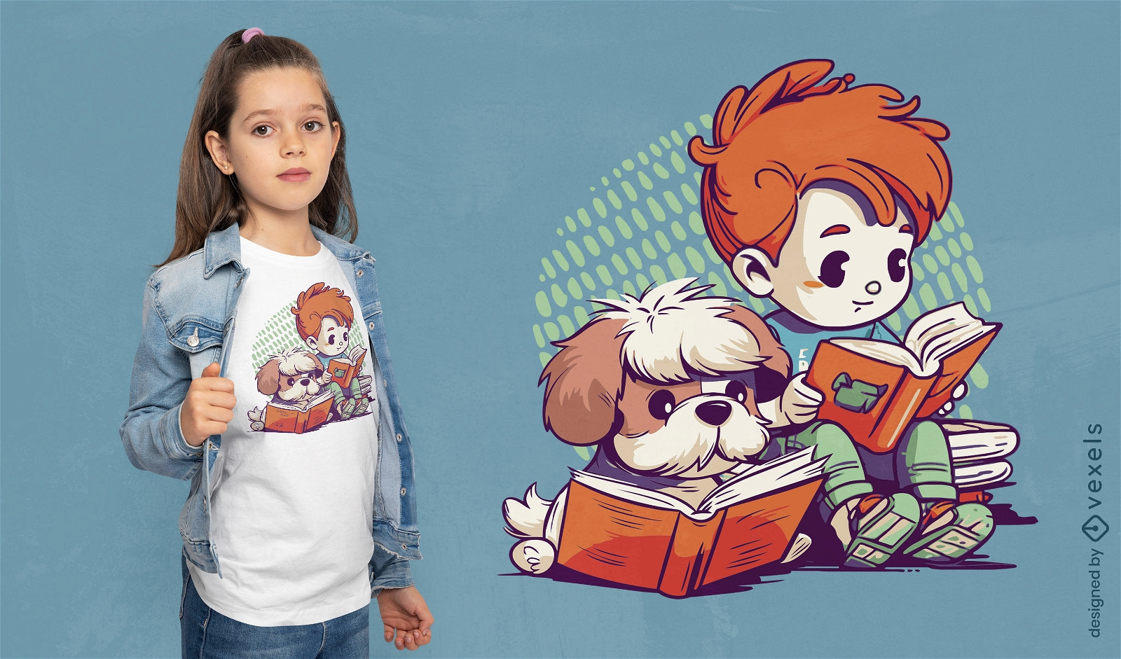 Menino ruivo e cachorro lendo design de camiseta