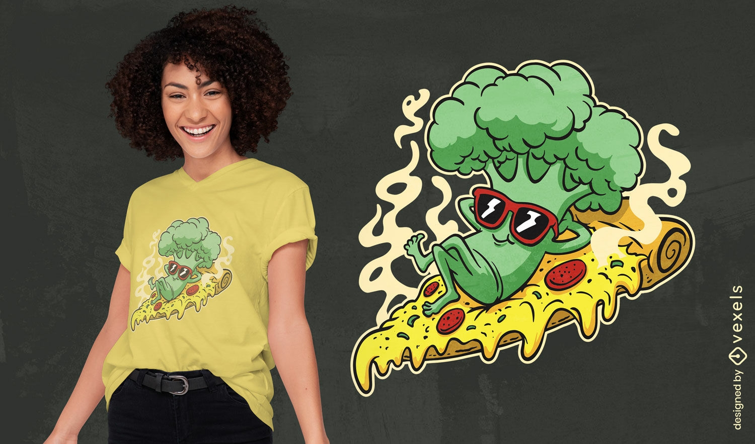 Diseño de camiseta de pizza de brócoli.