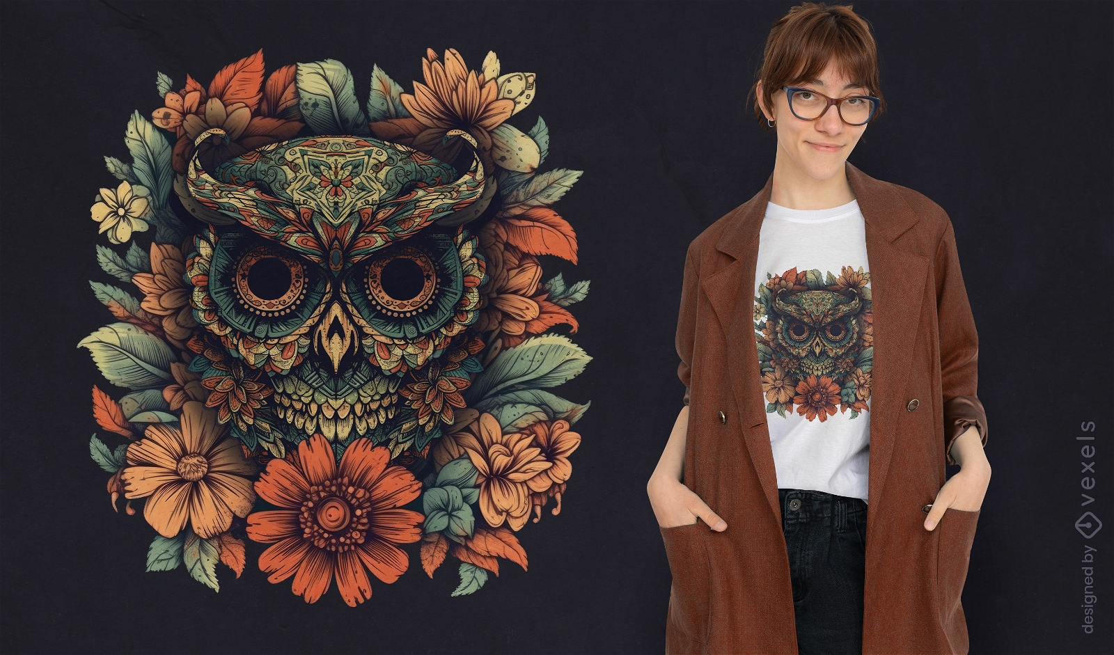 Design floral de camiseta com coruja