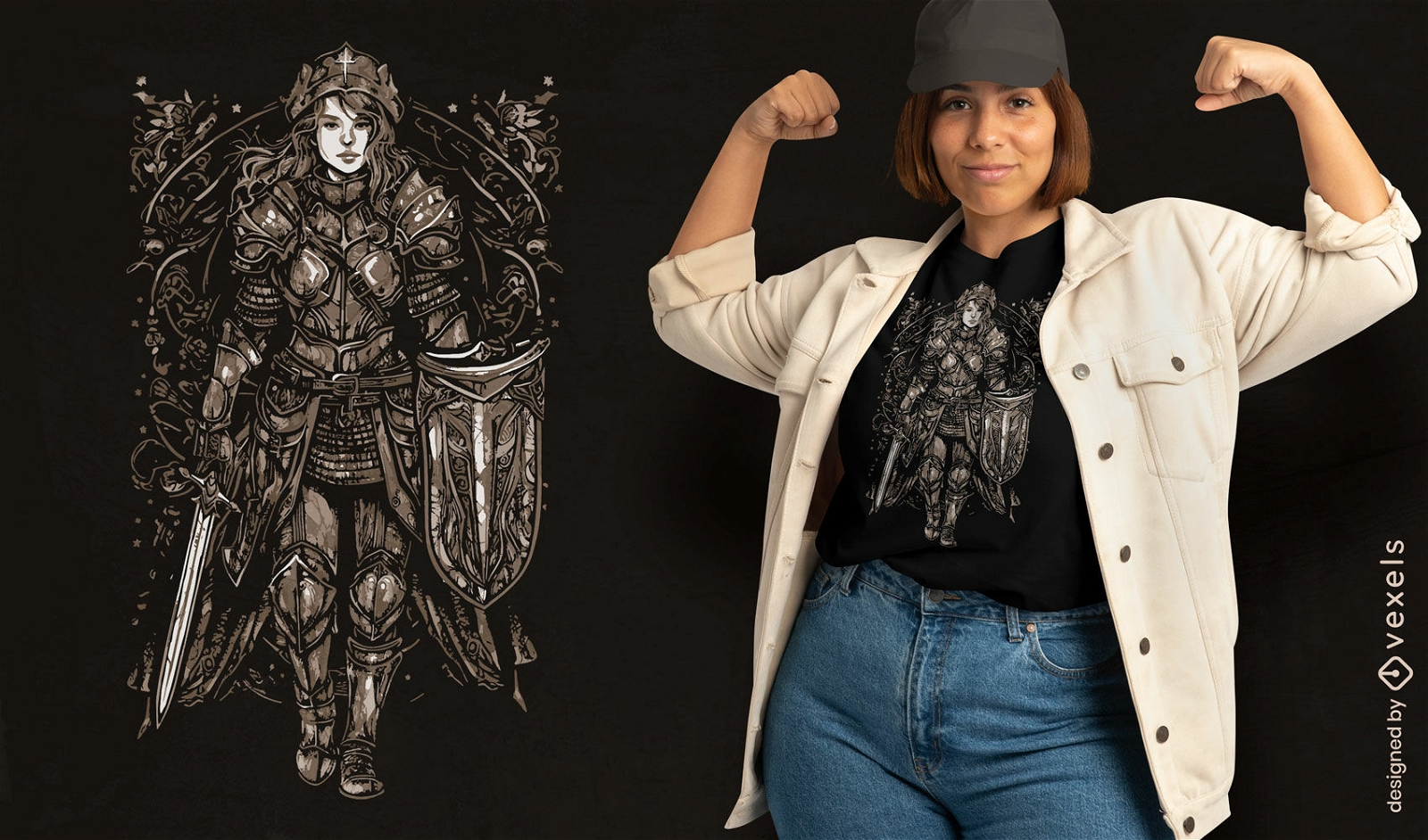 Mujer guerrera con diseño de camiseta de armadura
