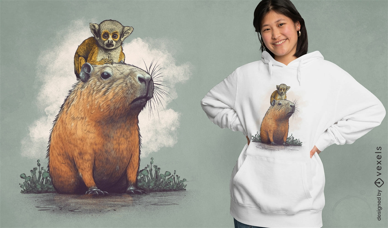 Capybara and monkey friends t-shirt design