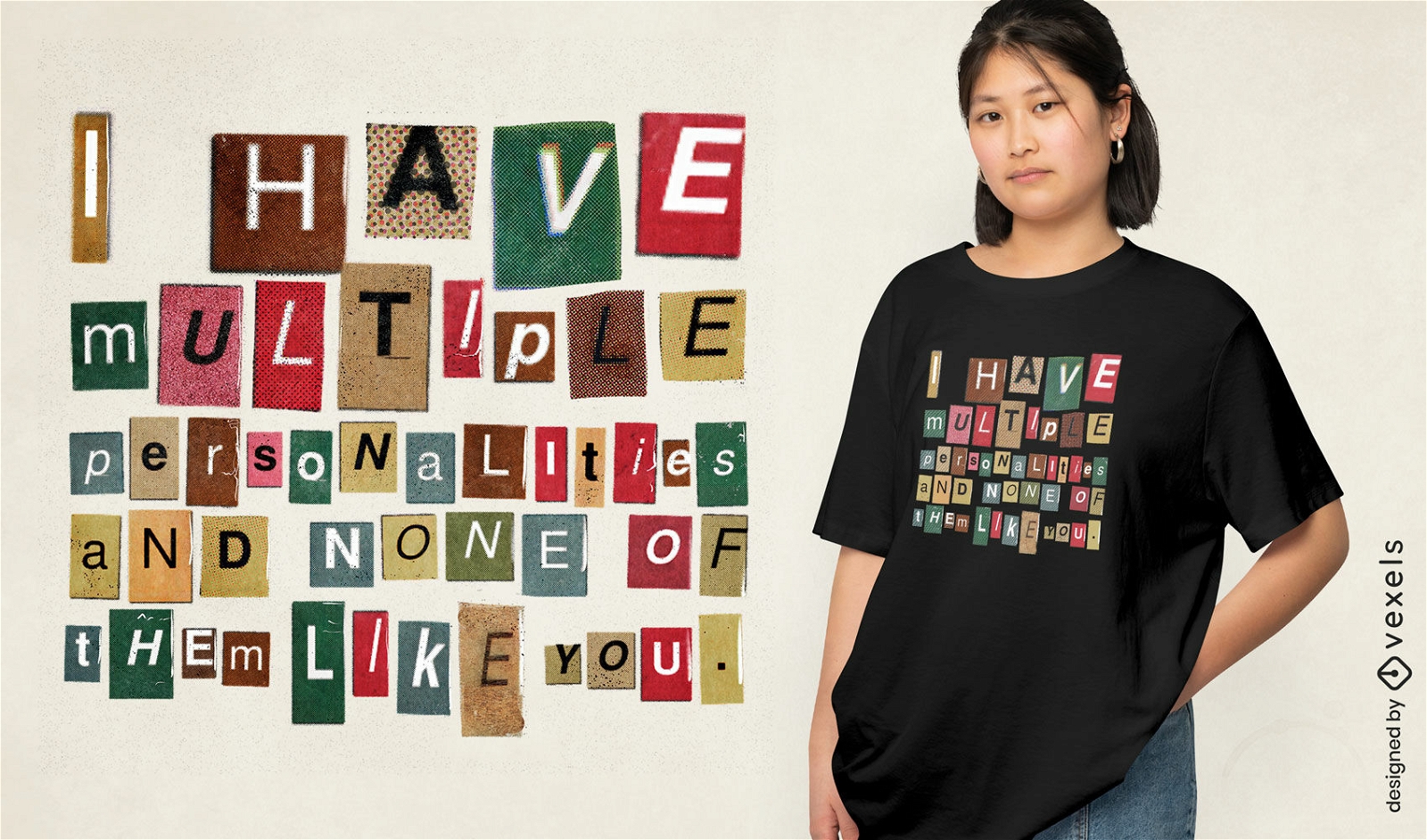 T-Shirt-Design mit ausgeschnittenen Buchstaben aus dem Magazin