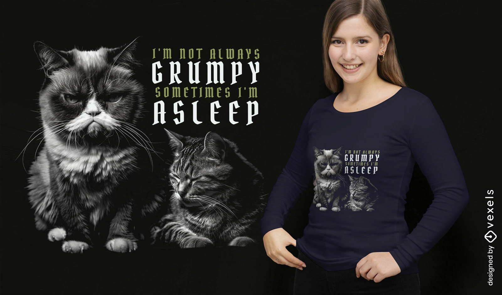 Diseño de camiseta con cita de gato gruñón y dormido.