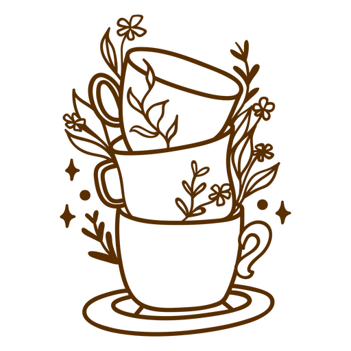 Black and white image of a cup of coffee with flowers on it PNG Design