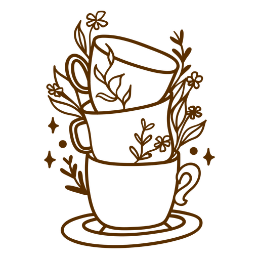 Imagen en blanco y negro de una taza de café con flores. Diseño PNG