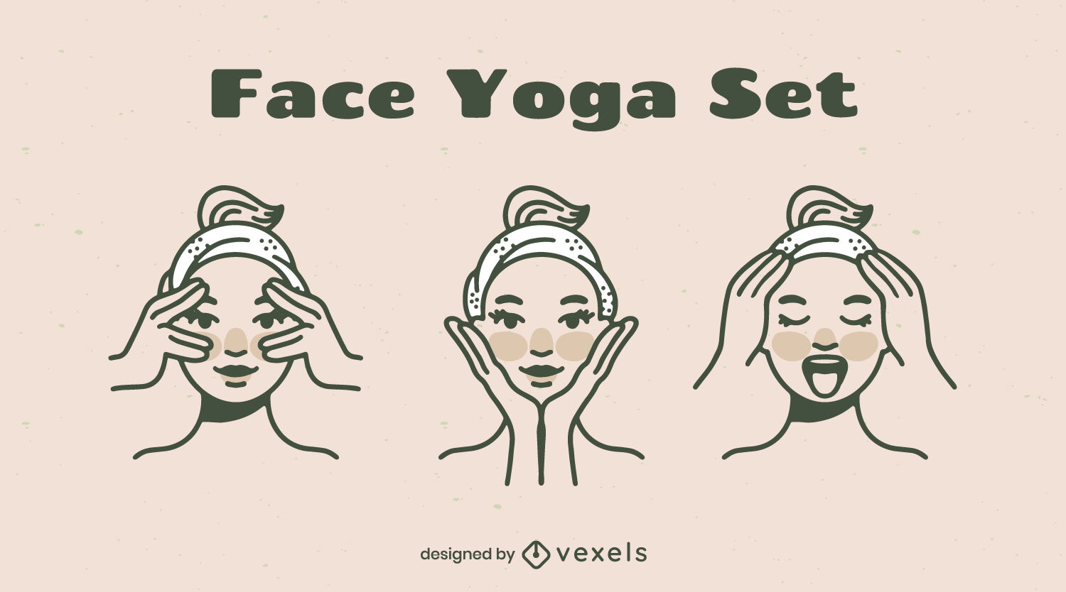 Women doing face yoga exercises beauty set