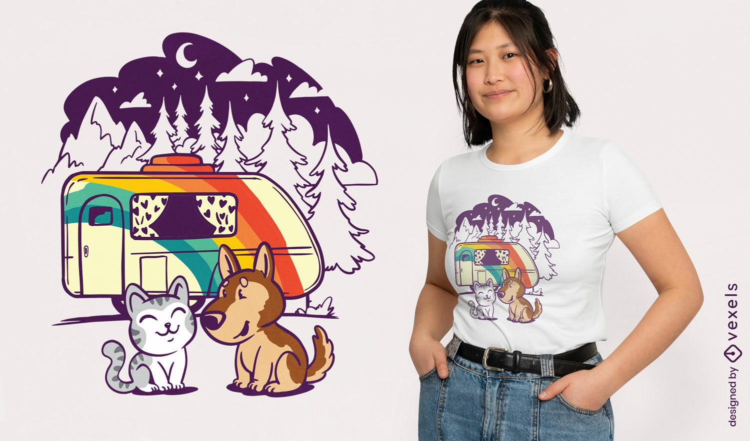 Design de camiseta de caravana de gato e cachorro