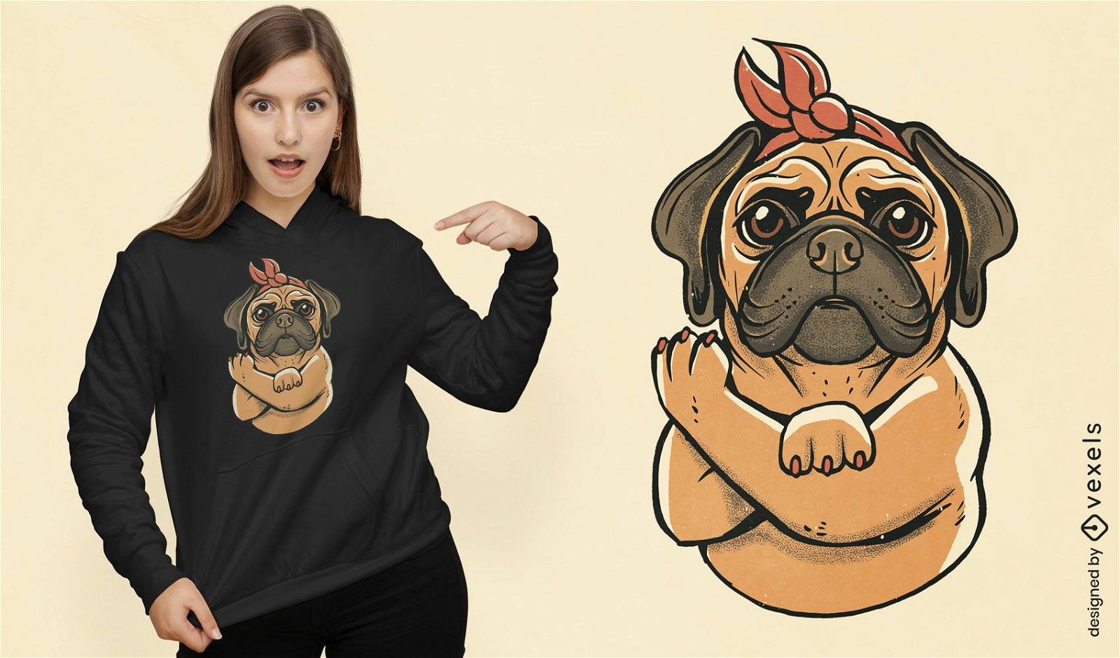 Diseño de camiseta de animal de perro pug fuerte