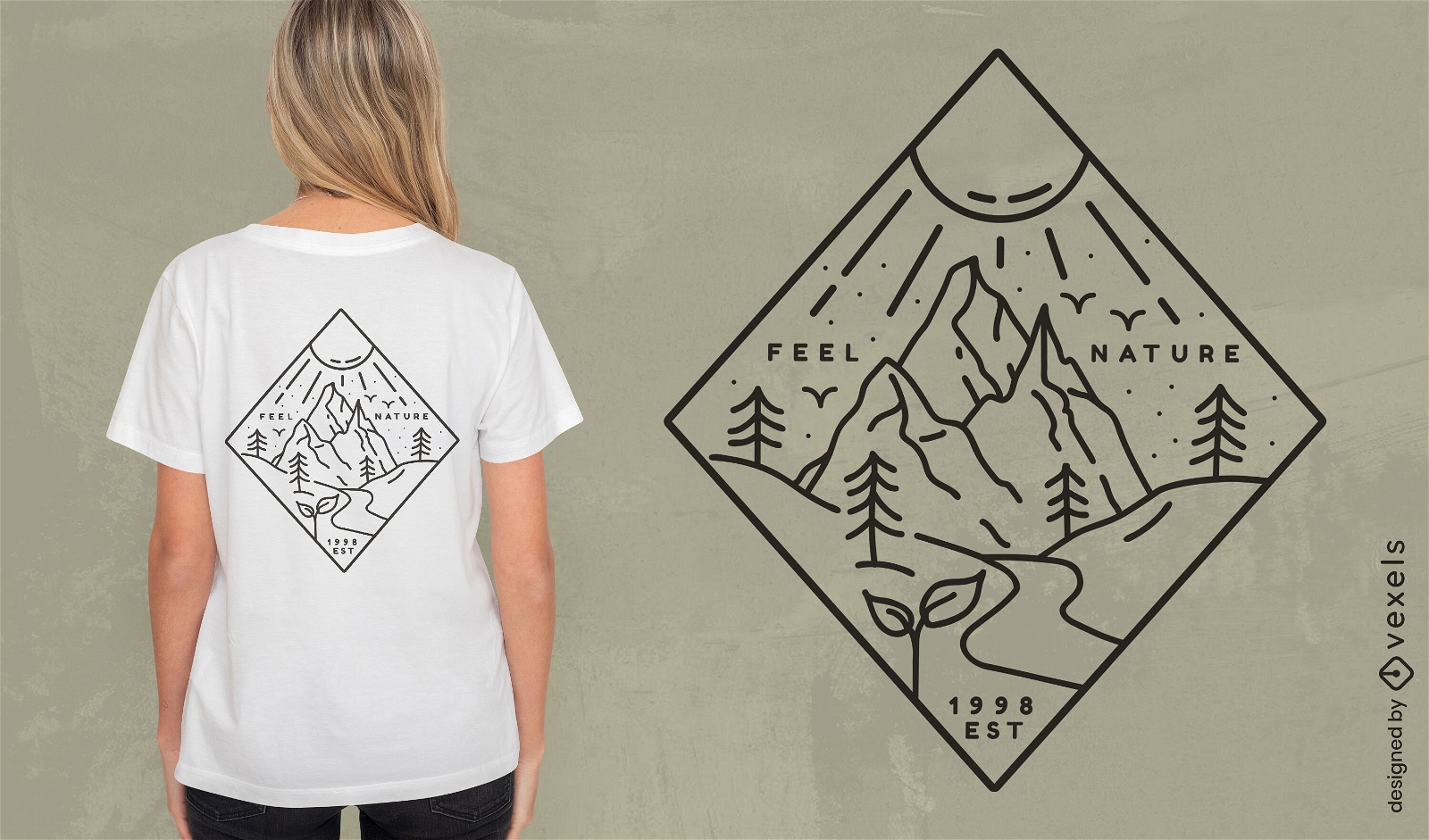 Diseño de camiseta de montañas bajo el sol.
