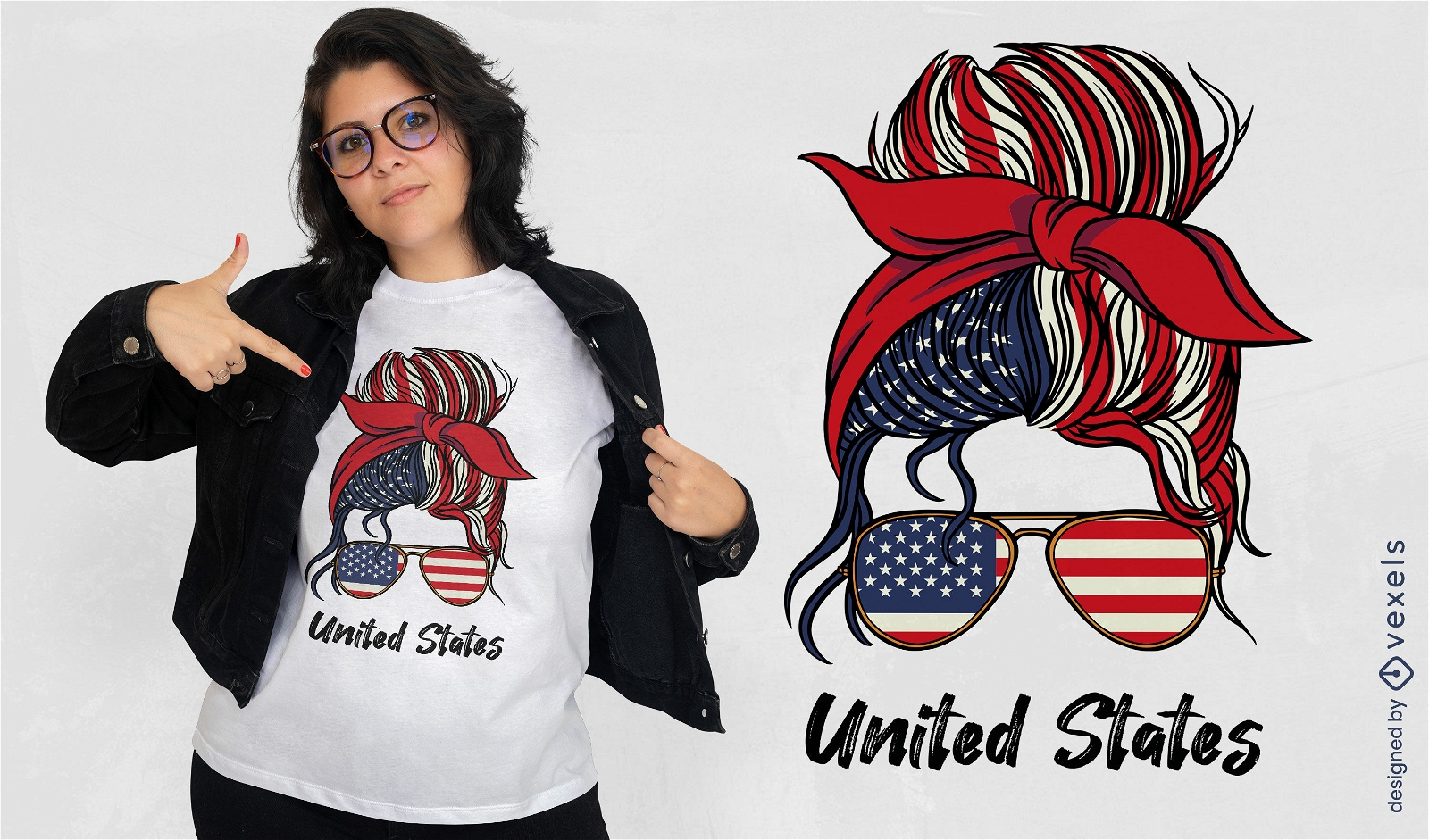 Mulher americana com design de camiseta de ?culos de sol