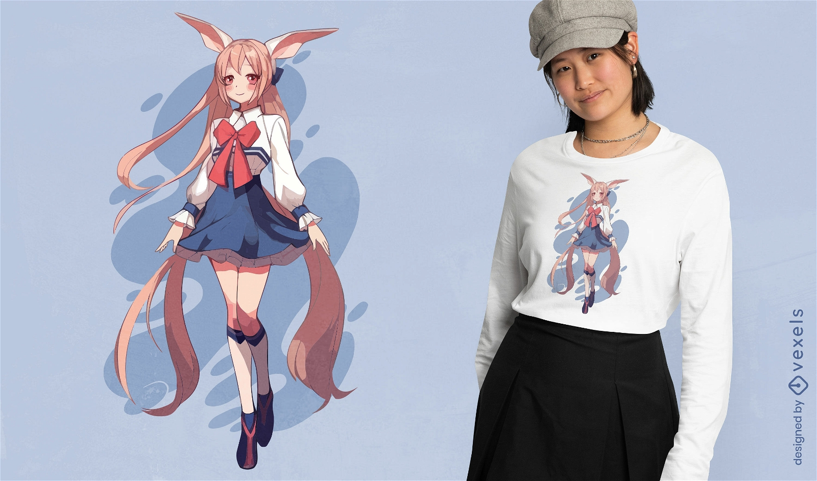 Garota de anime com design de camiseta de cabelo comprido