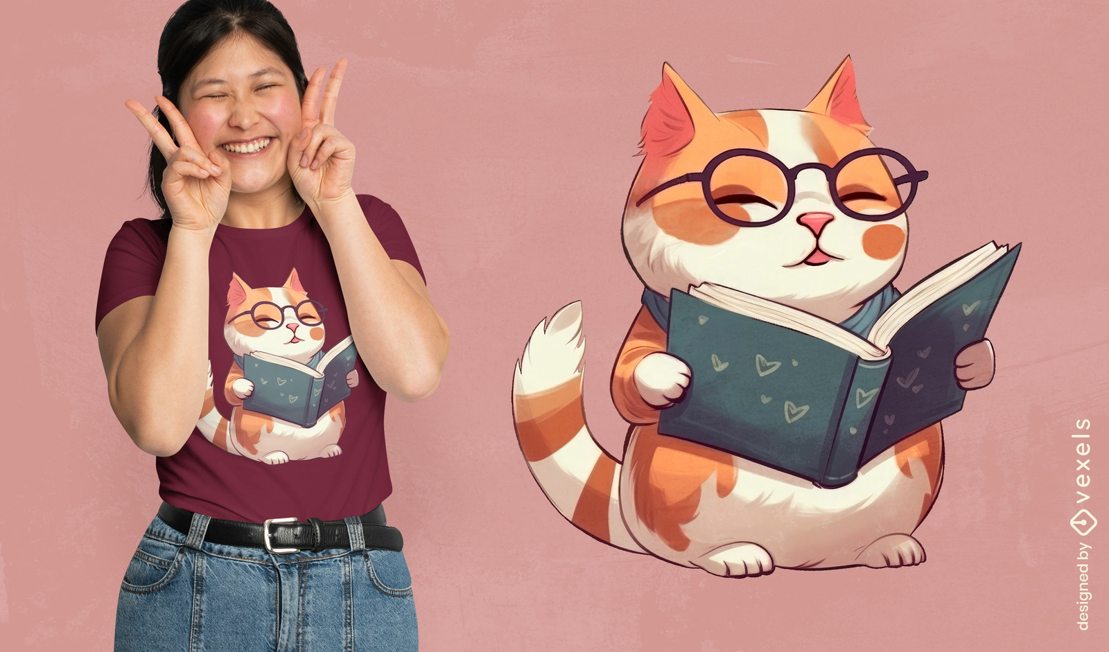 Gato com design de camiseta de livro de leitura de óculos