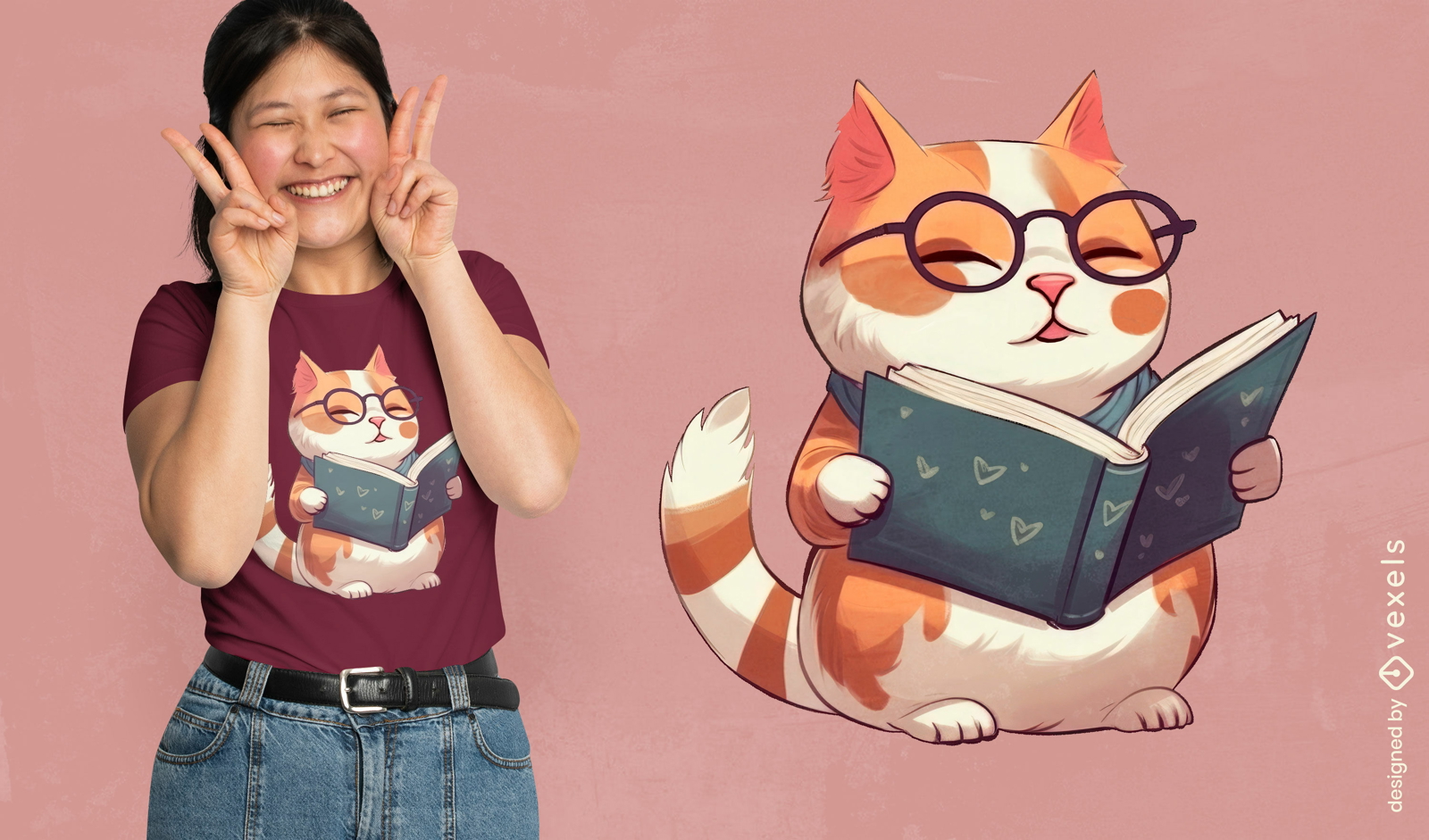 Gato con gafas leyendo dise?o de camiseta de libro