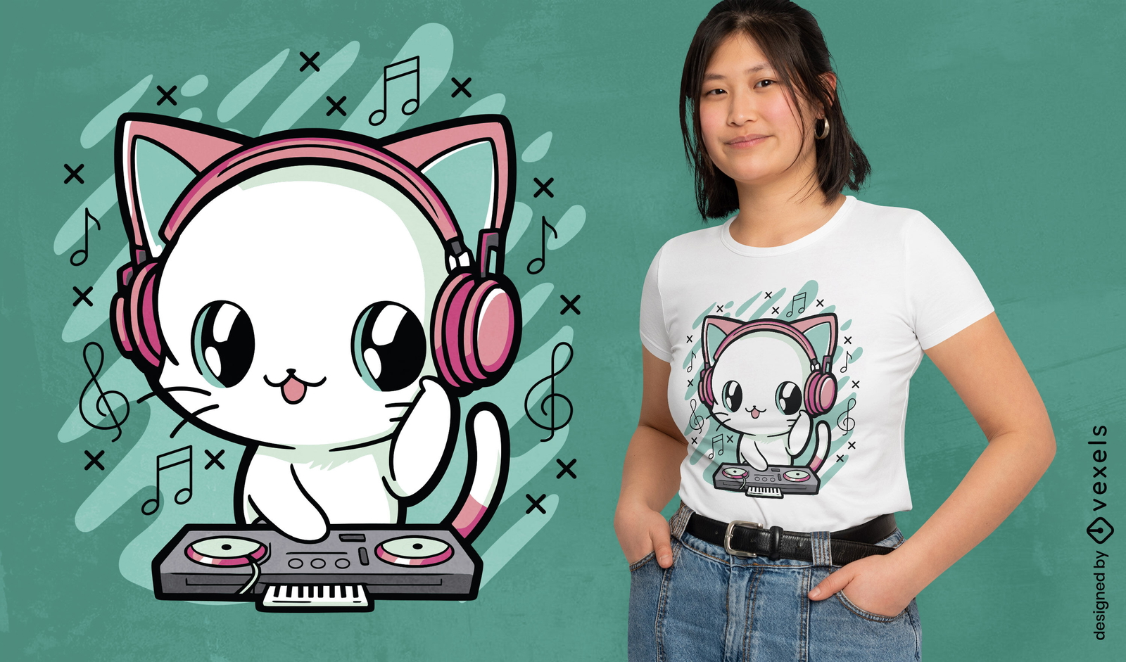 Lindo diseño de camiseta de dibujos animados de gato dj