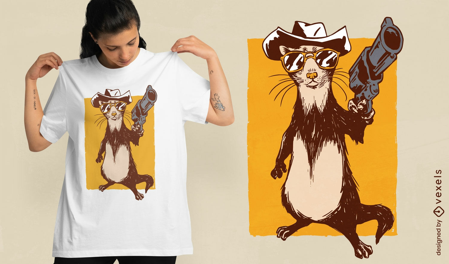 Animal furão com design de camiseta de arma