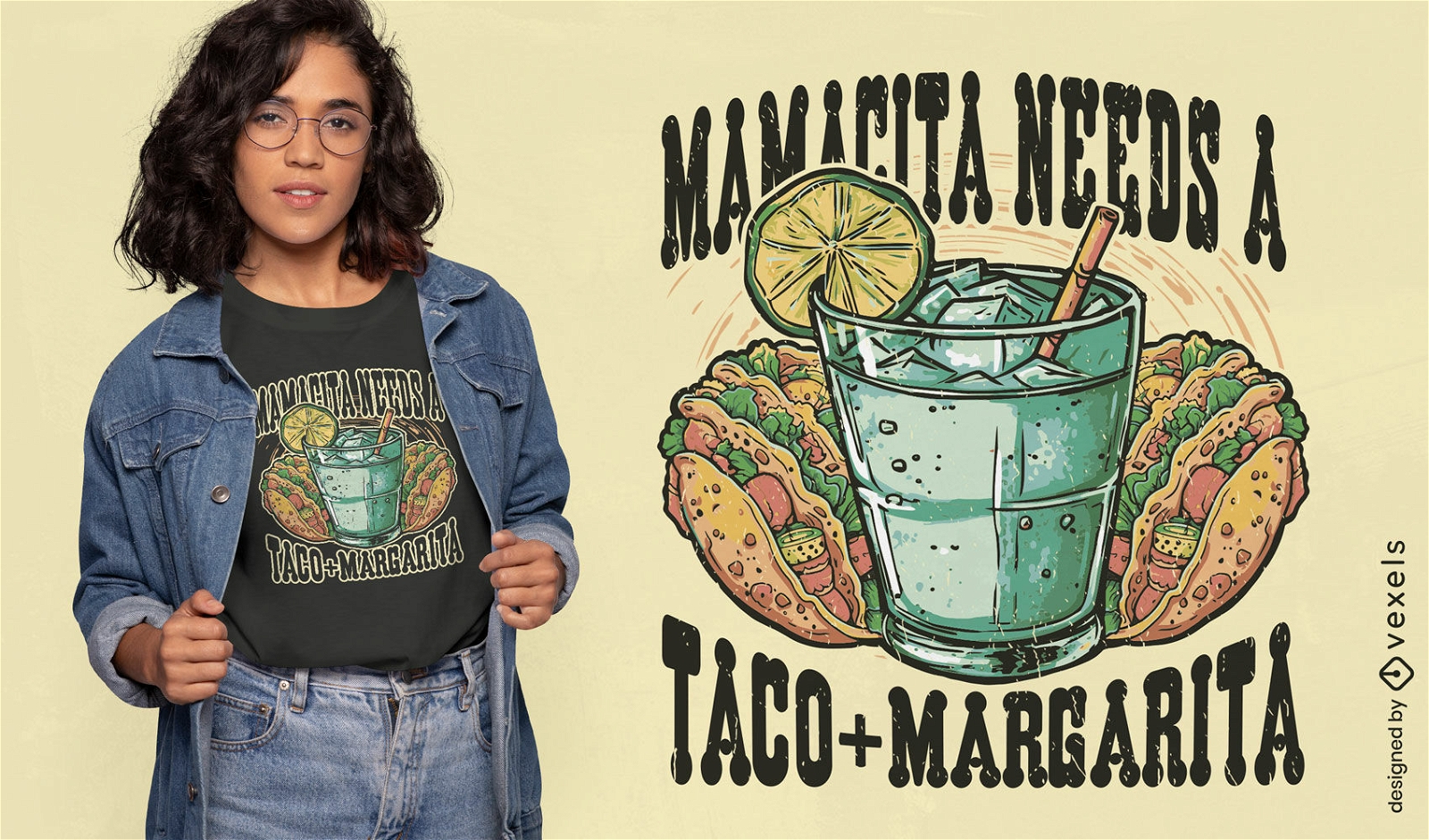 Diseño de camiseta de comida Margarita y tacos.