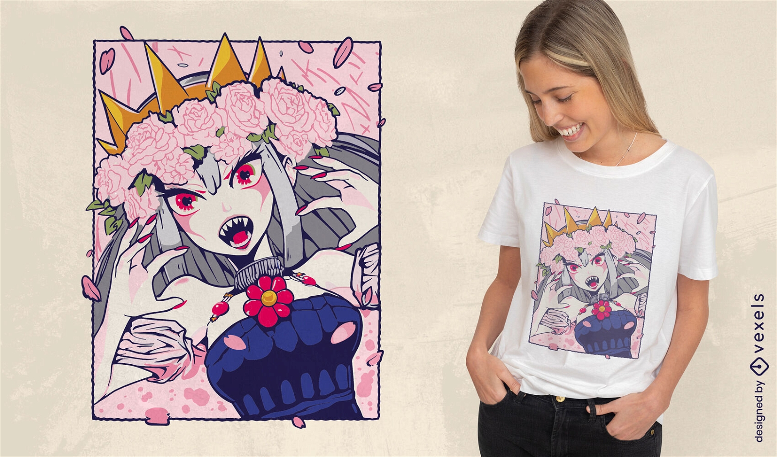 Vampir-Anime-Mädchen-Königin-T-Shirt-Design