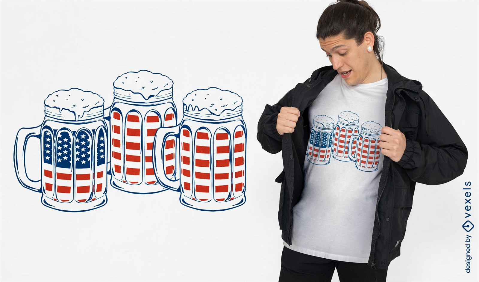 Canecas com design de camiseta de cerveja e bandeiras americanas
