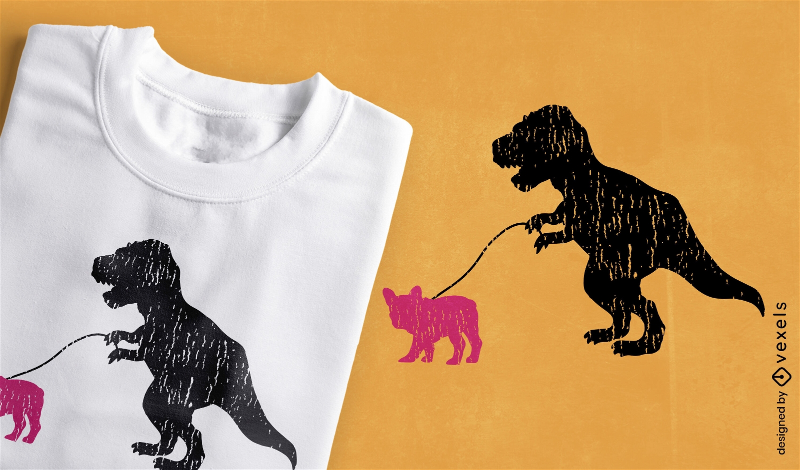 Diseño de camiseta de dinosaurio t-rex caminando con un perro
