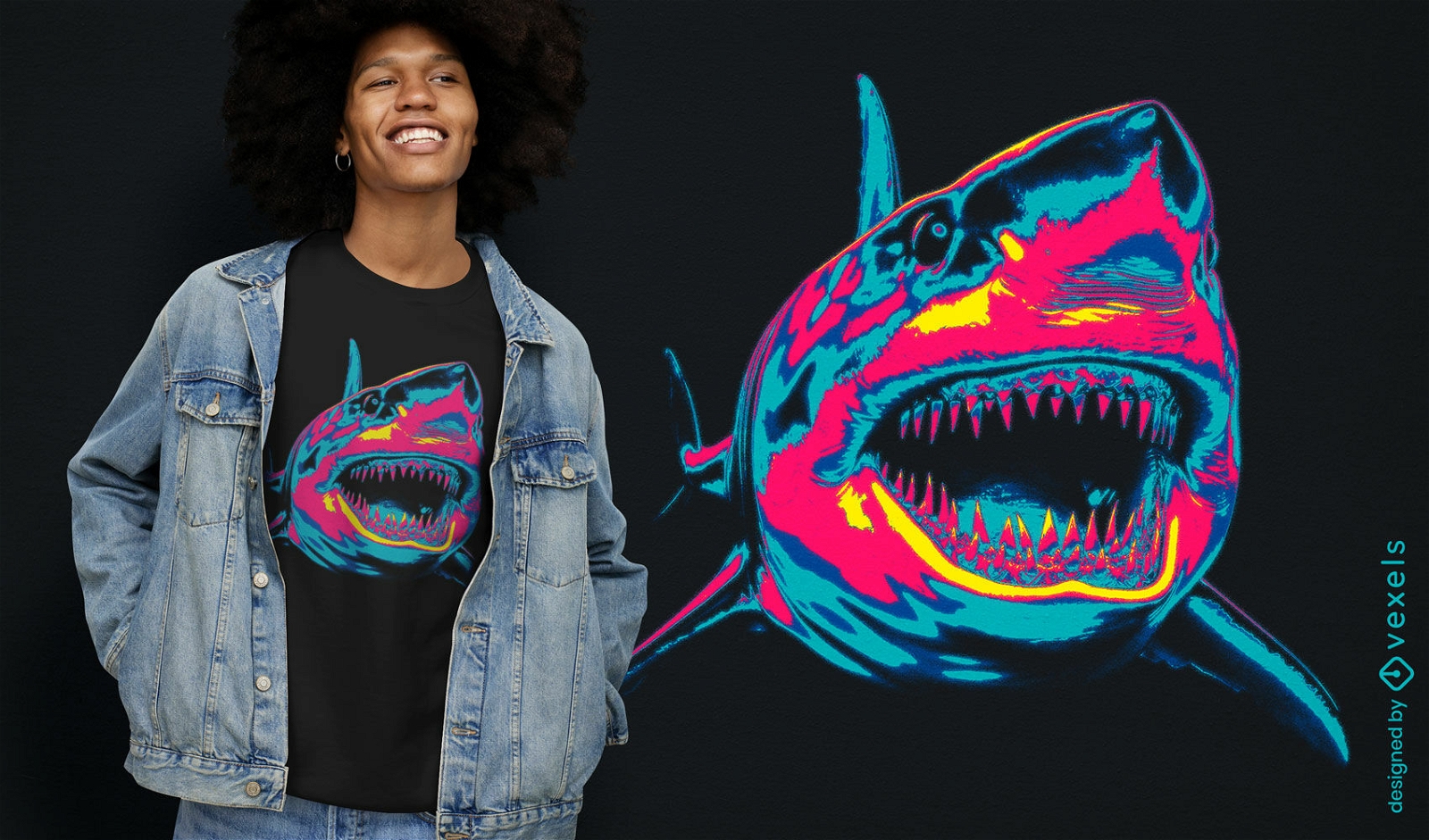 Diseño de camiseta de tiburón neón.