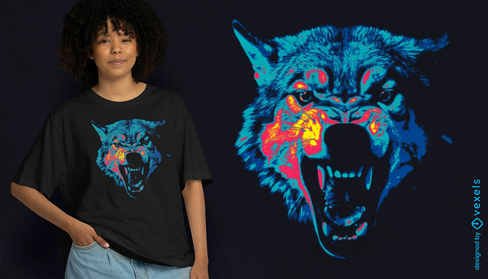 Diseño de camiseta de lobo de neón.