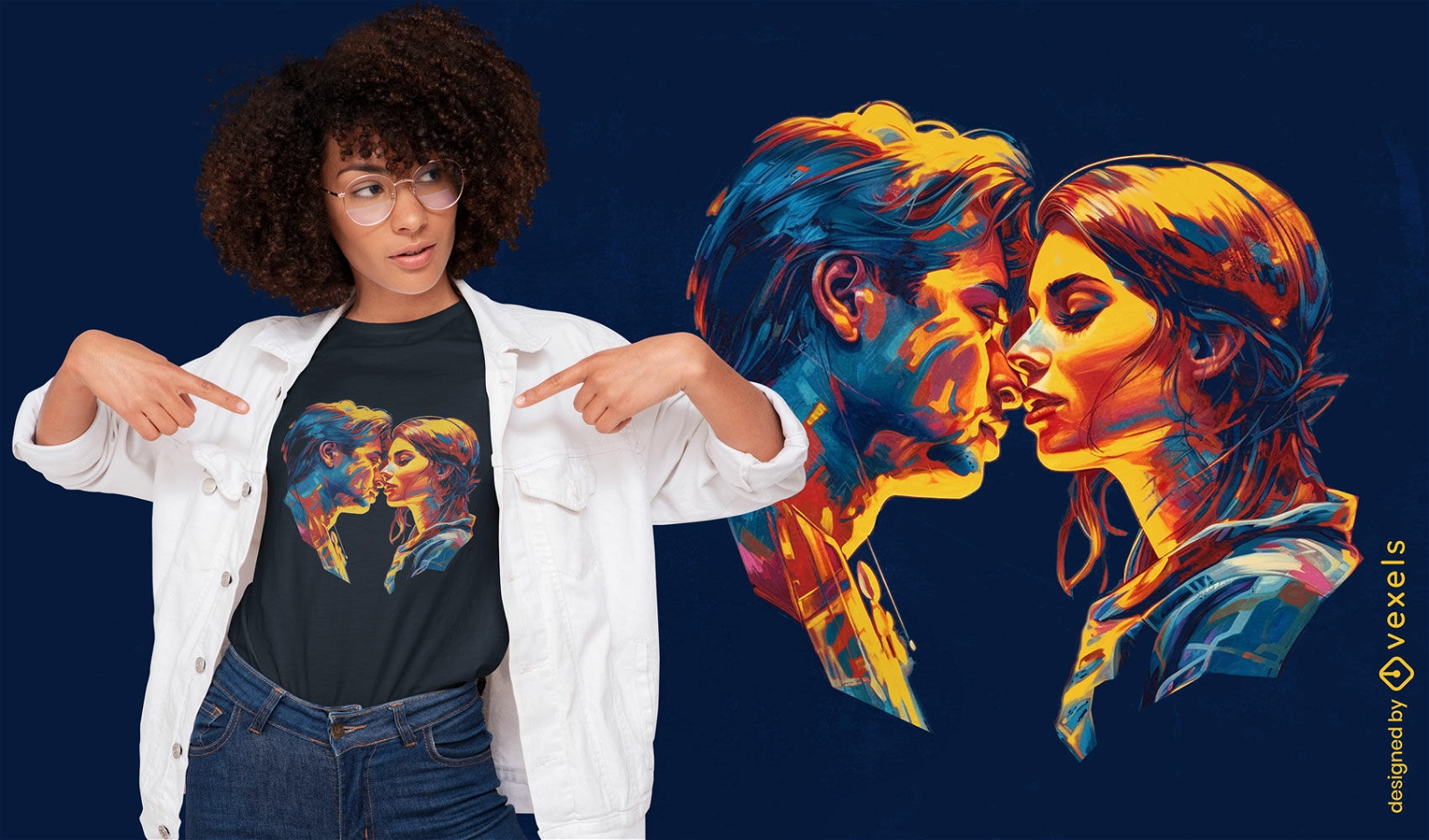 Design colorido de camiseta de casal se beijando