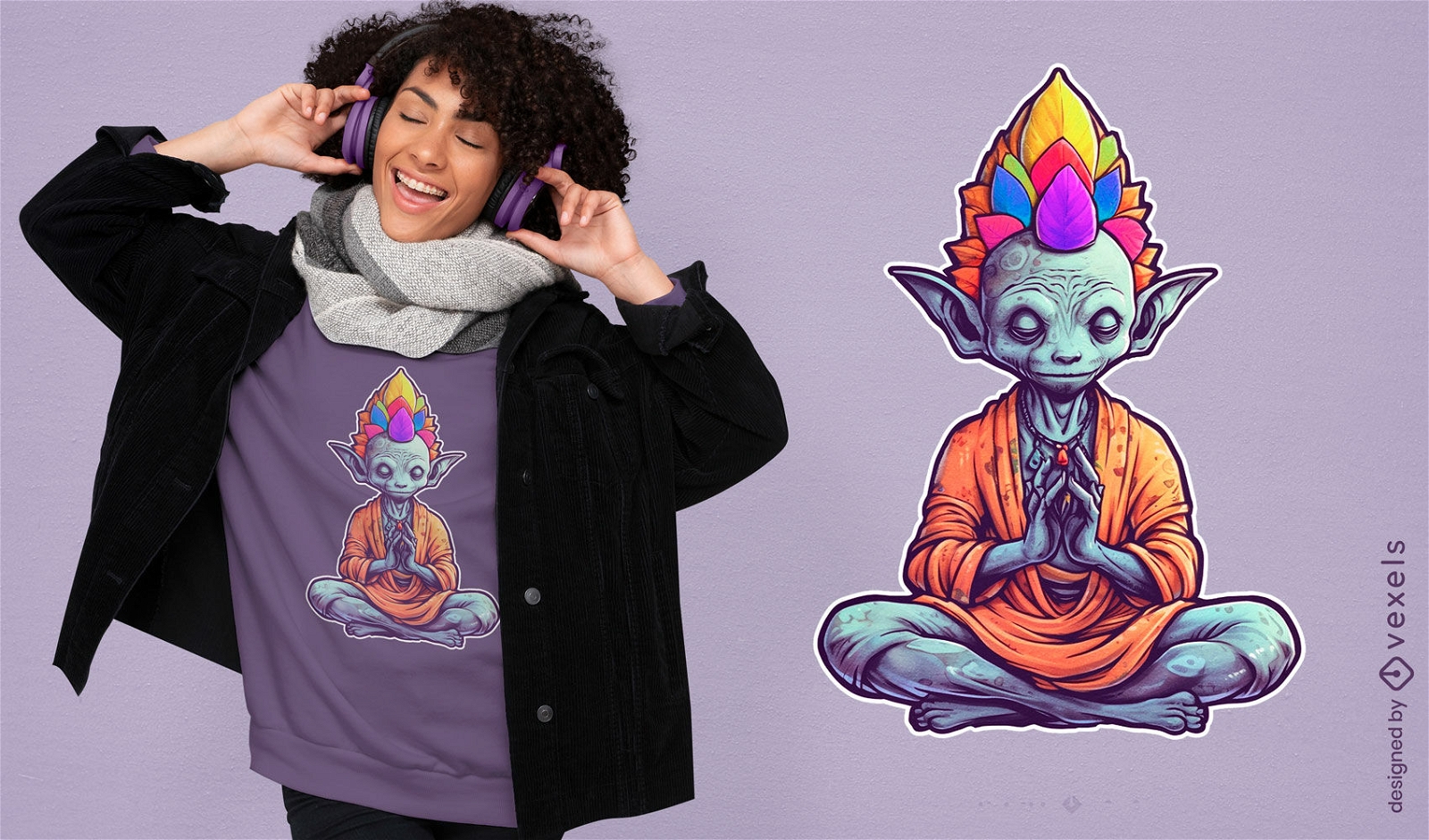 Diseño de camiseta alienígena meditando.