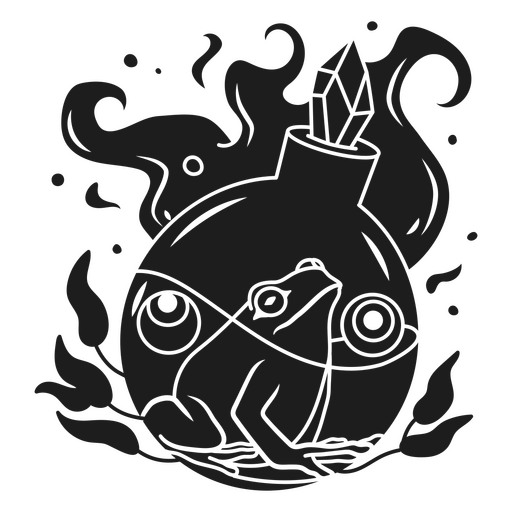 Dibujo en blanco y negro de una rana en una botella. Diseño PNG