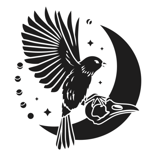 Imagem em preto e branco de um pássaro em uma lua crescente Desenho PNG