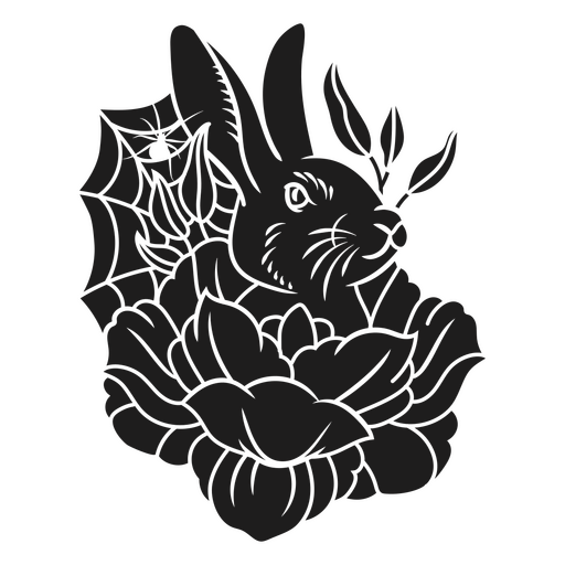 Black and white image of a rabbit sitting on a flower PNG Design