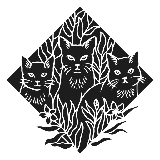 Dibujo en blanco y negro de tres gatos en un diamante. Diseño PNG