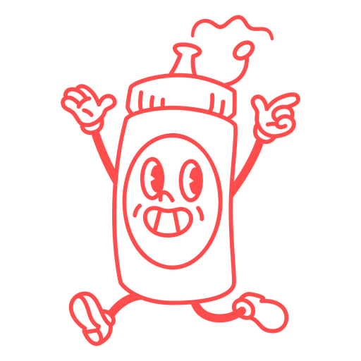 Botella de ketchup roja con una cara sonriente. Diseño PNG