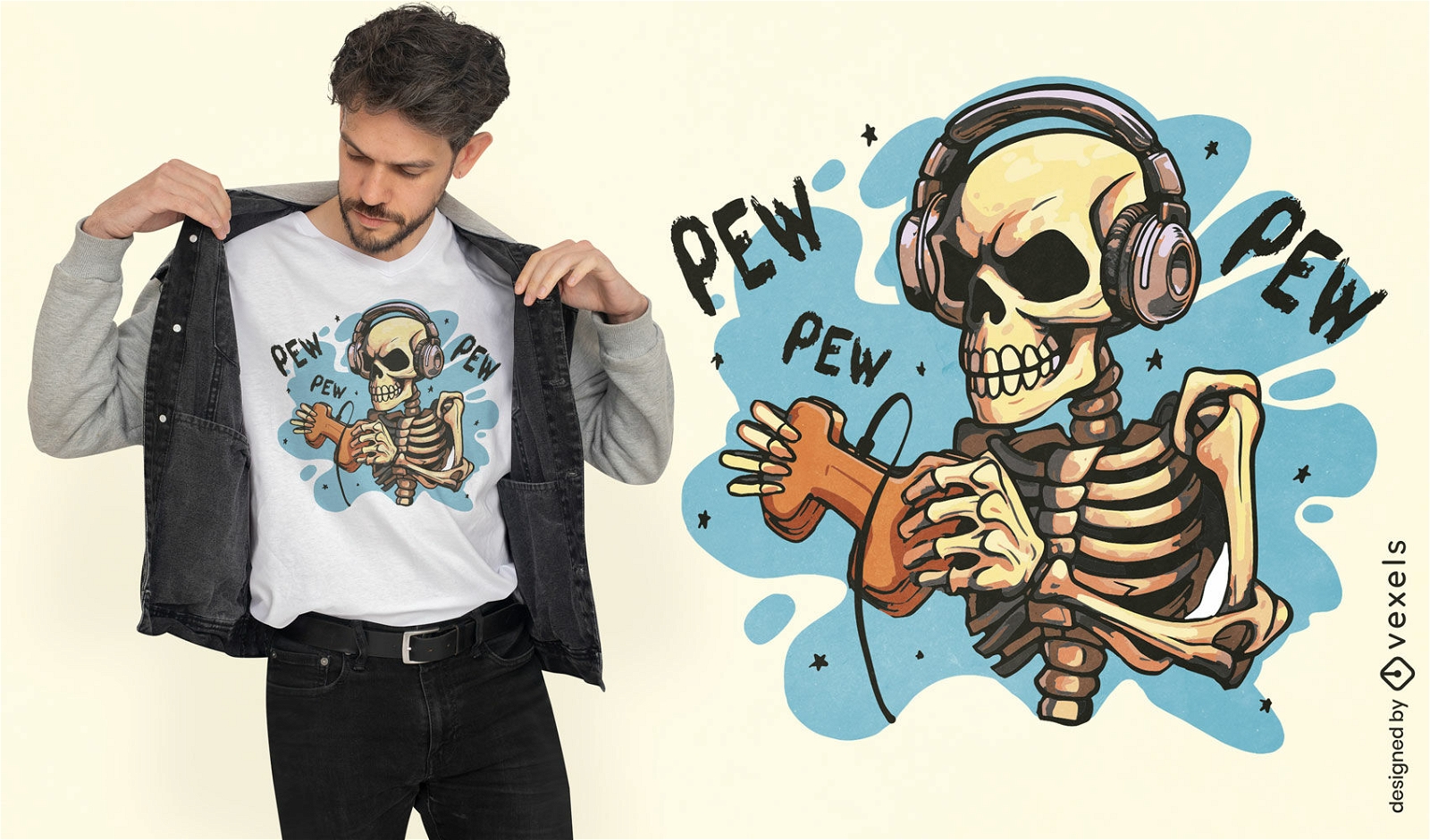 Esqueleto assustador jogando design de camiseta de videogame