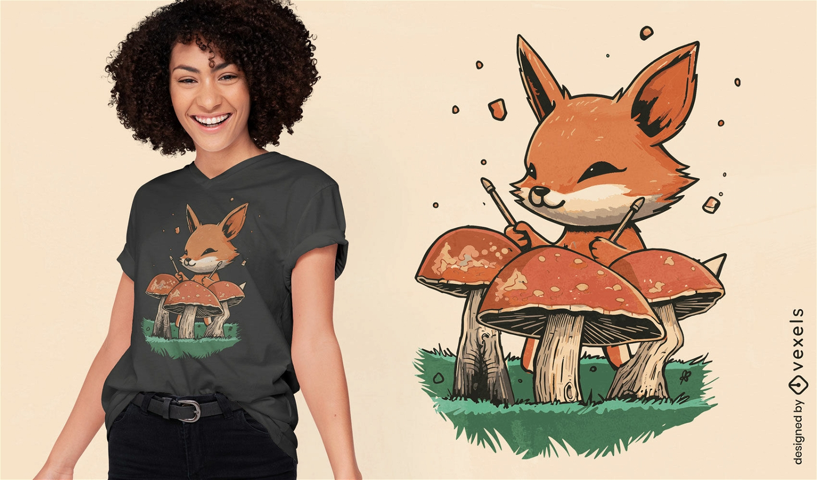 Fox tocando bateria no design de t-shirt de cogumelos