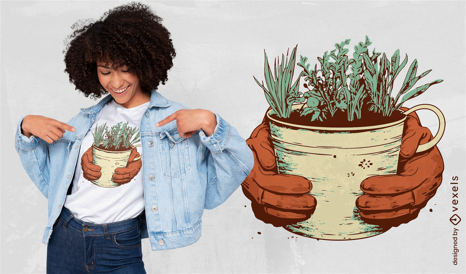 Mãos segurando um design de camiseta de planta em vaso