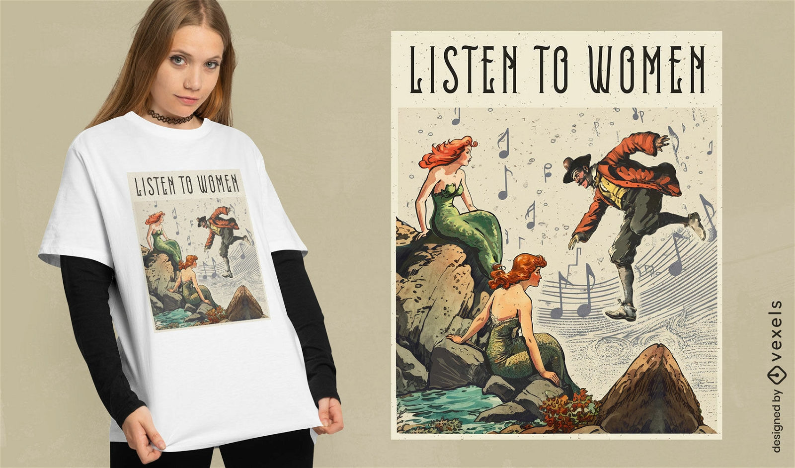 Vintage-Meerjungfrauen und Piraten-T-Shirt-Design