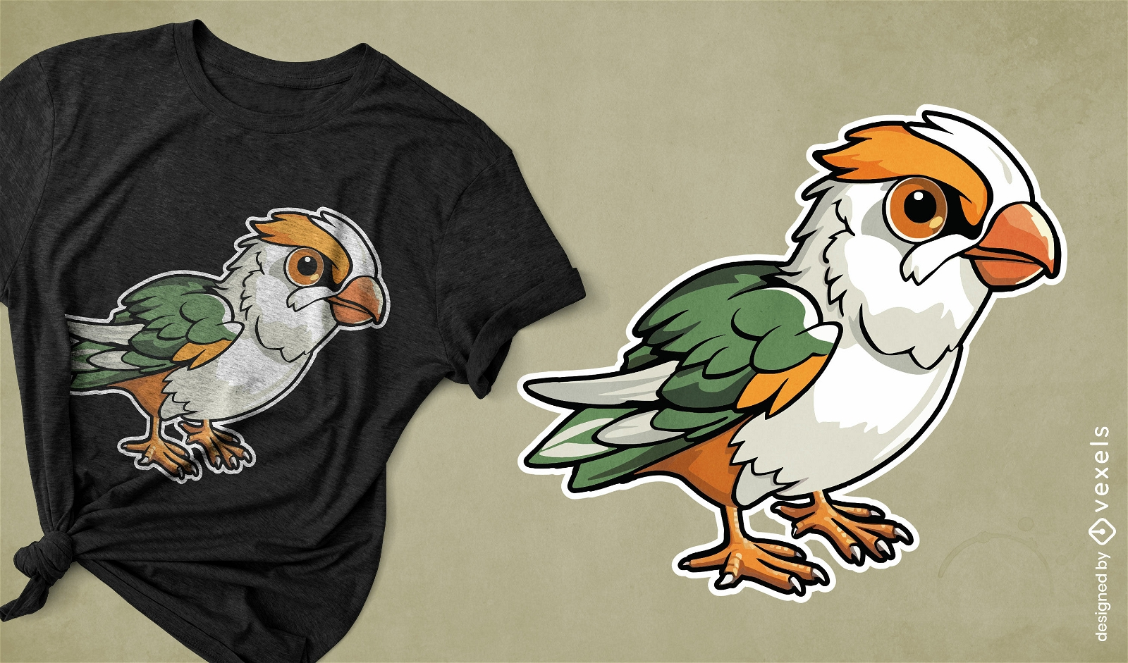 Niedliches orange-grünes Vogel-T-Shirt-Design