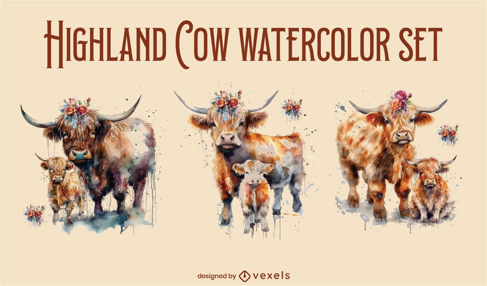 Conjunto de aquarela de vacas das terras altas