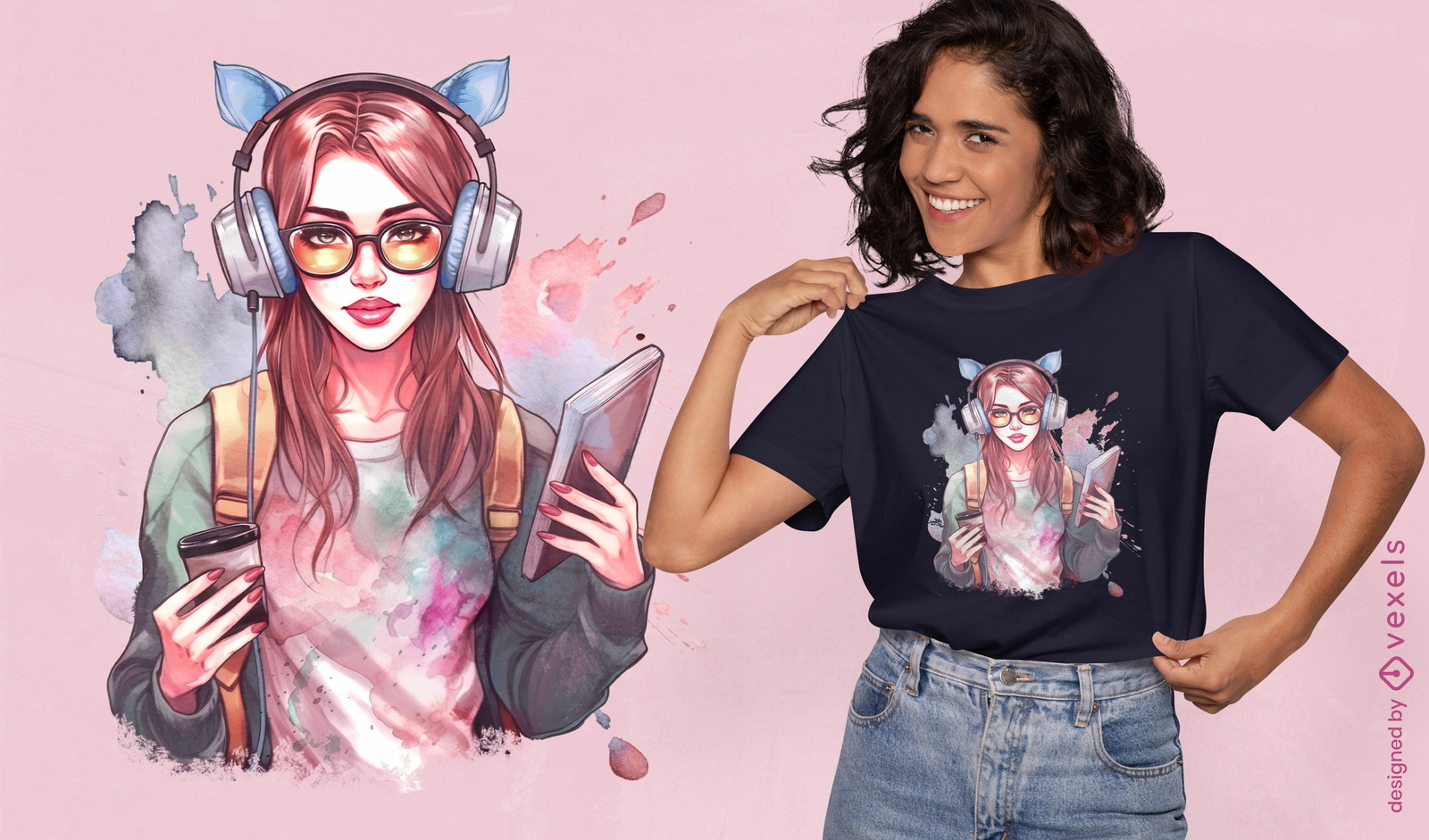 Diseño de camiseta acuarela chica estudiante