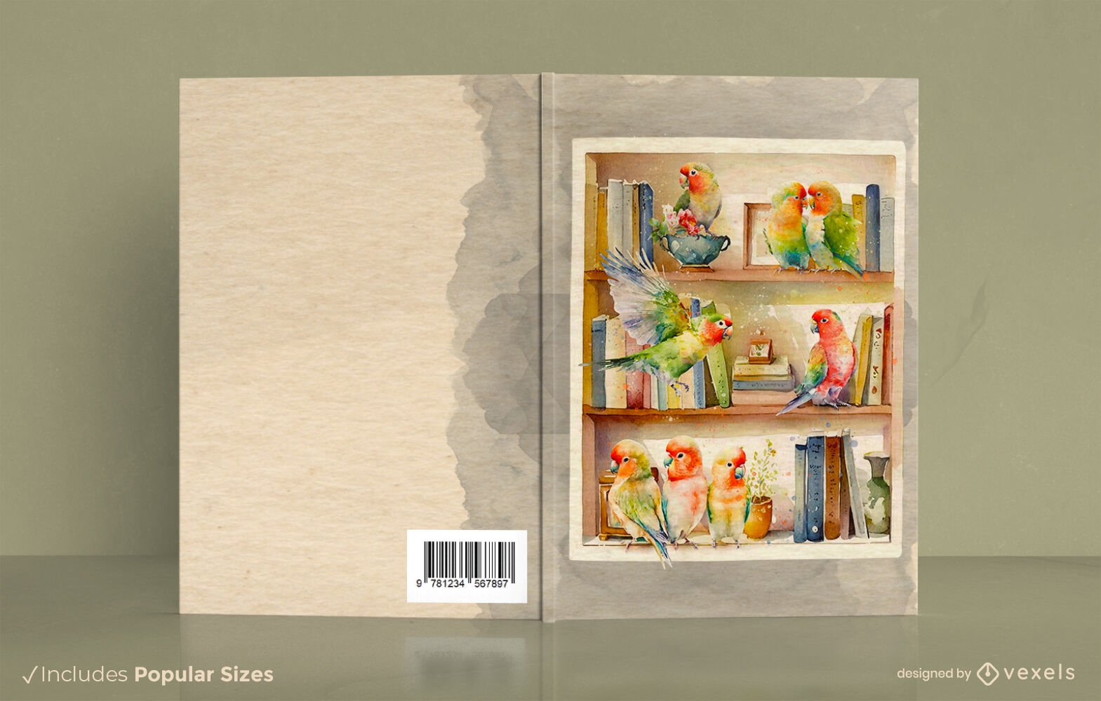 Biblioteca de acuarela con diseño de portada de libro de pájaros.