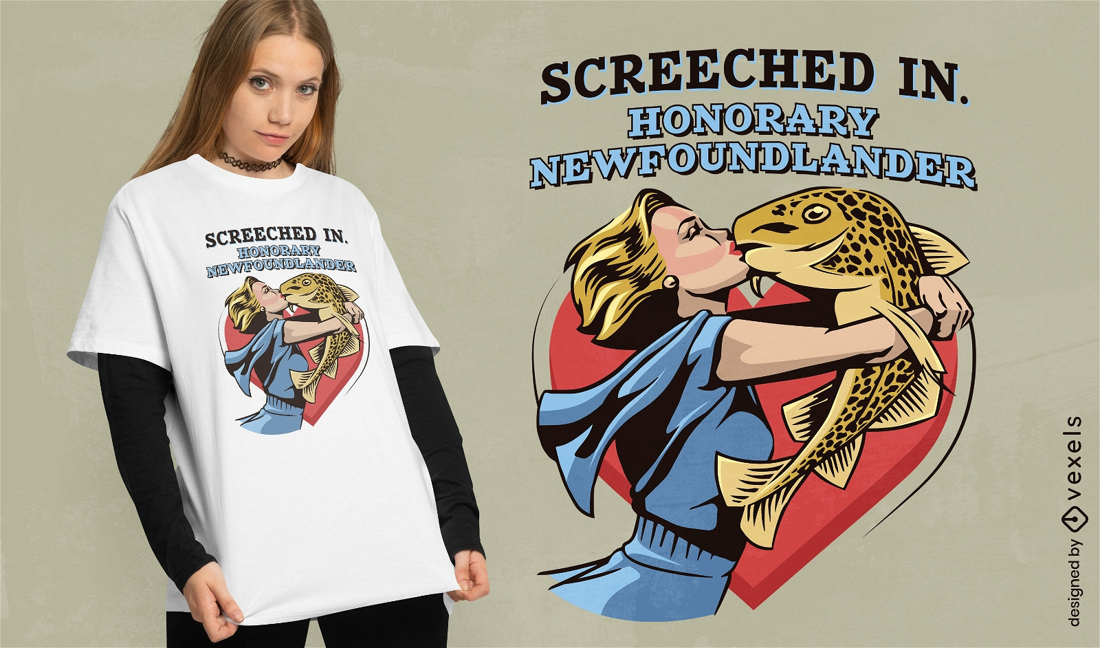 Woman and fish kiss retro t-shirt design