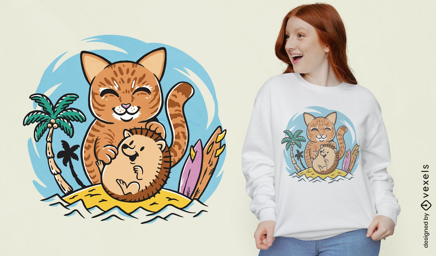 Diseño de camiseta de animales gato y erizo.