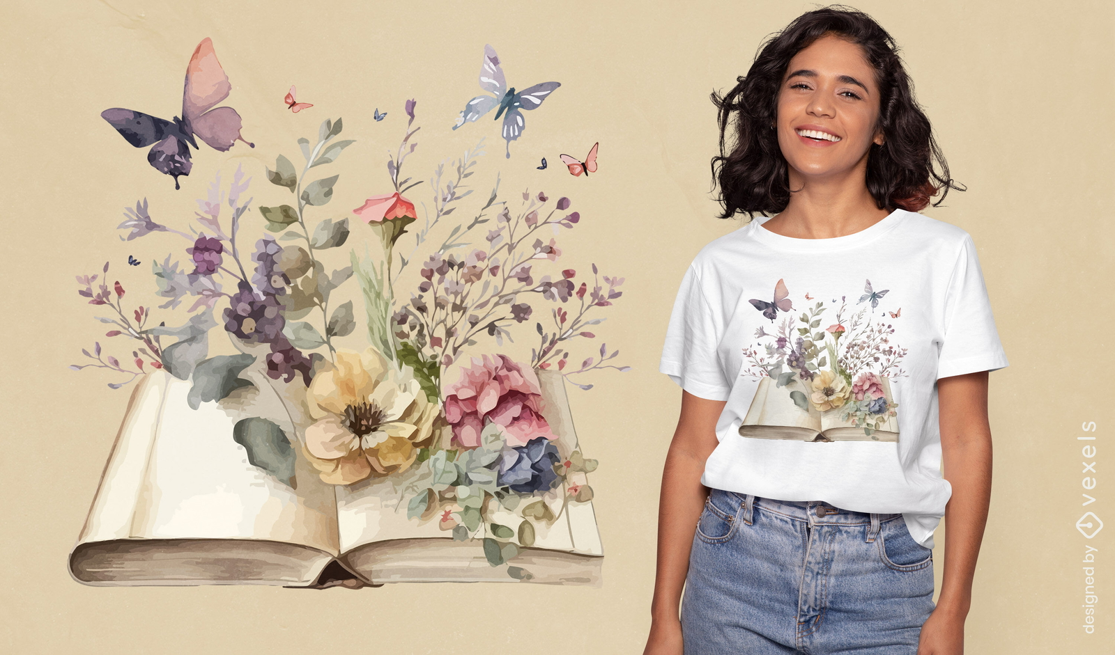 Diseño de camiseta de libros abiertos con flores.