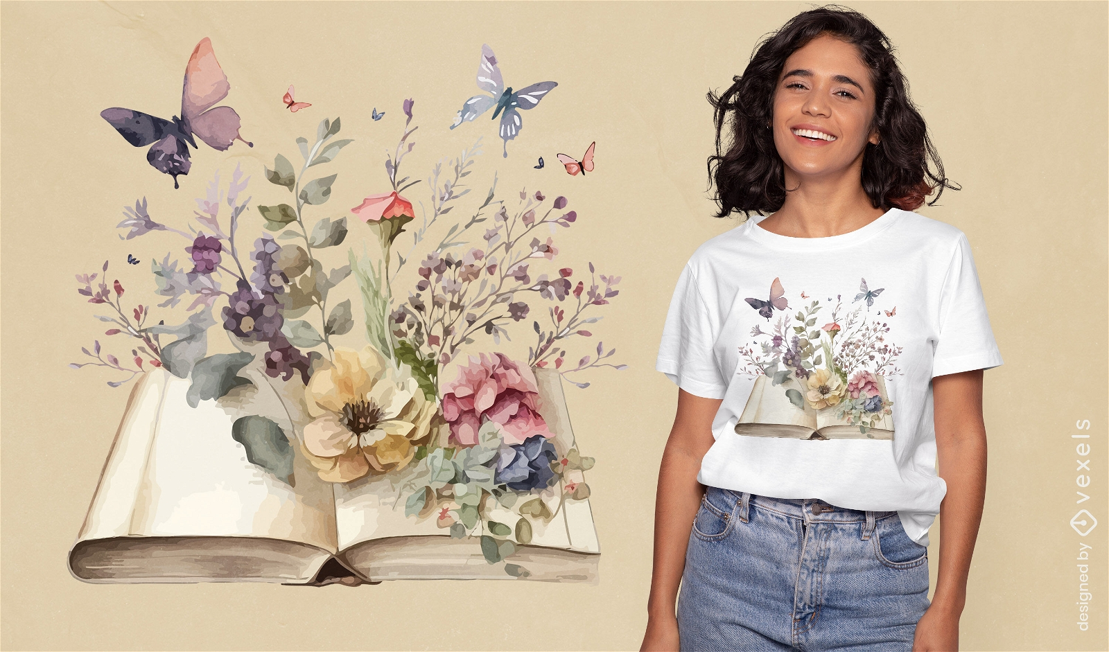 Livros abertos com design de camiseta de flores