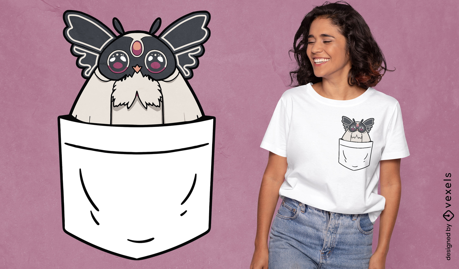 Insecto de polilla kawaii en diseño de camiseta de bolsillo