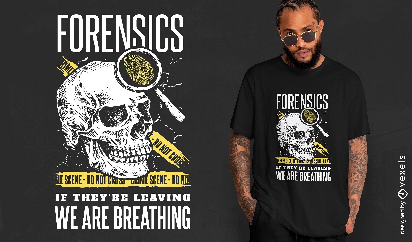 Diseño de camiseta de investigación criminal de calavera.