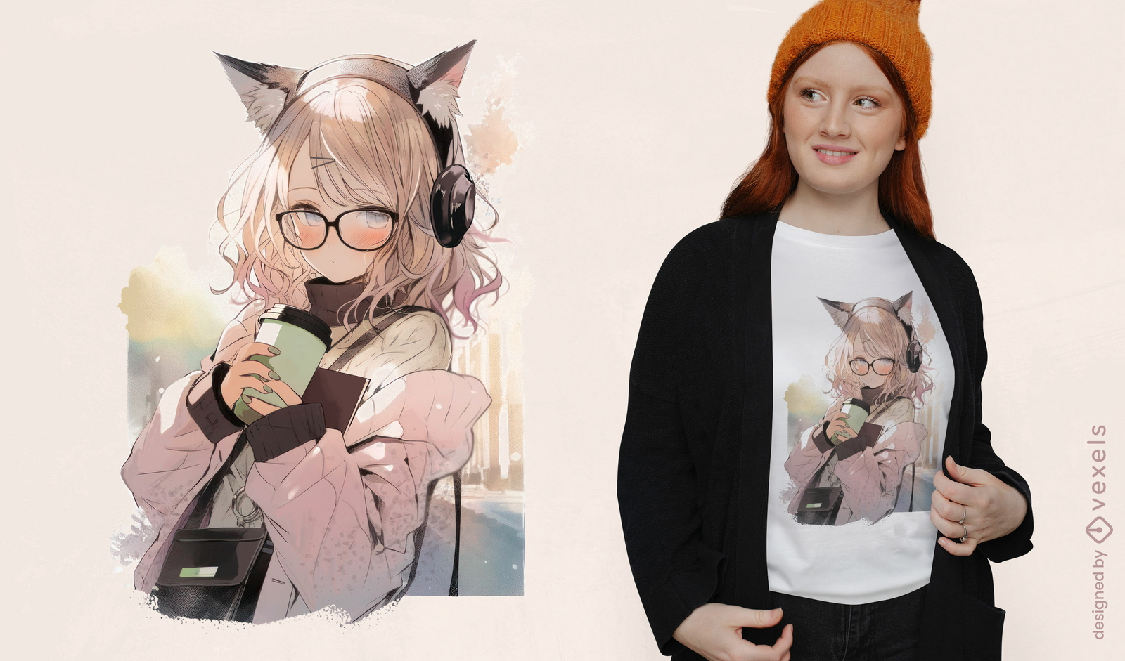 Hübsches Anime-Mädchen mit Kopfhörer-T-Shirt-Design