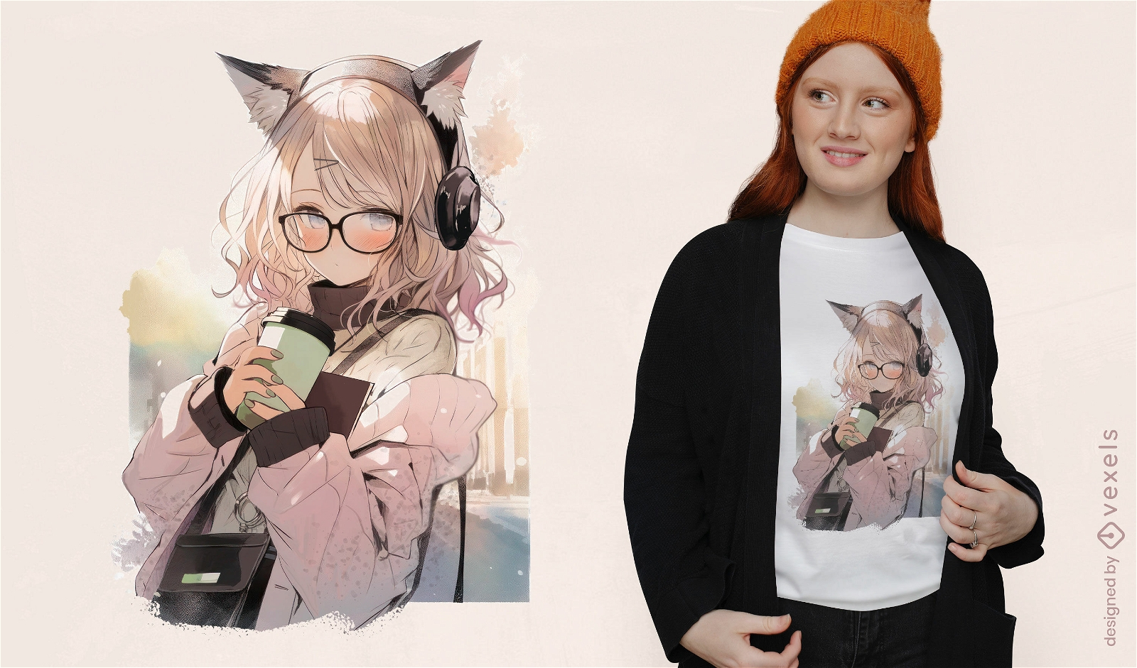 Linda garota anime com design de camiseta com fones de ouvido