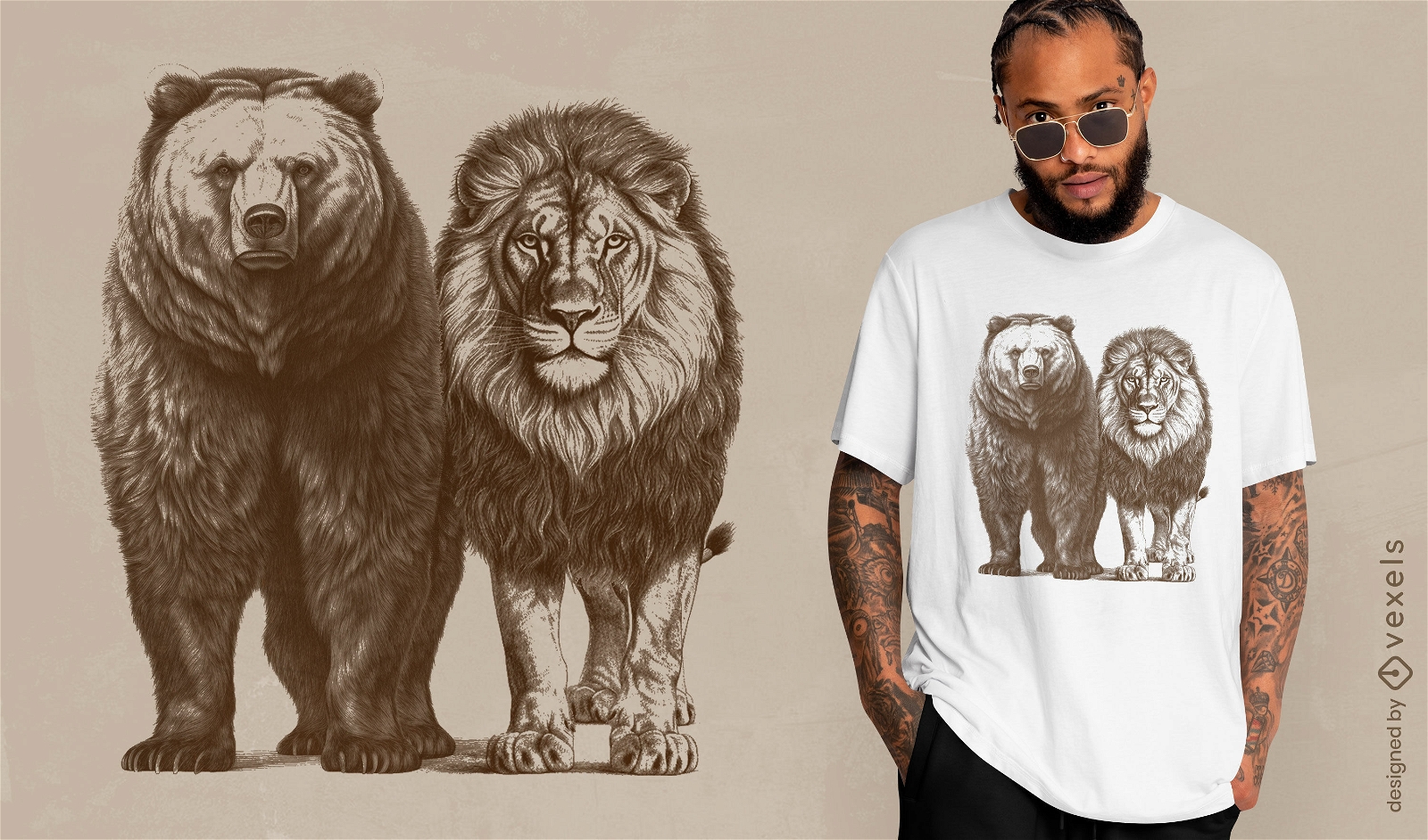 Majestätisches Bären- und Löwen-T-Shirt-Design