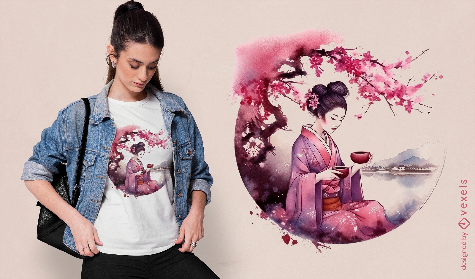 Diseño de camiseta de geisha con té de sakura.